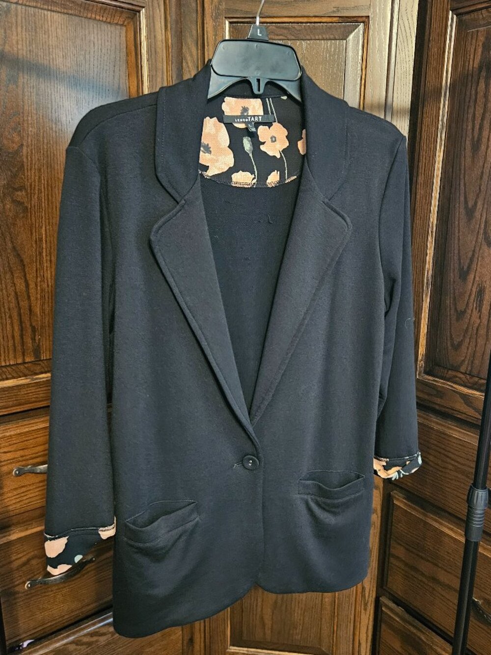Lemon Tart Black Blazer Large Floral Cuff One Button Knit Jacket